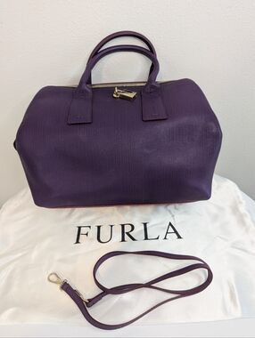 Furla Purple Saffiano Leather Barrel Satchel Bag w/Lock & Strap